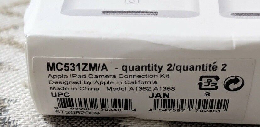 Genuine OEM Apple iPad Camera Connection Kit MC531ZM/A A1362, A1358 - Fresh Stock Dated February 2026