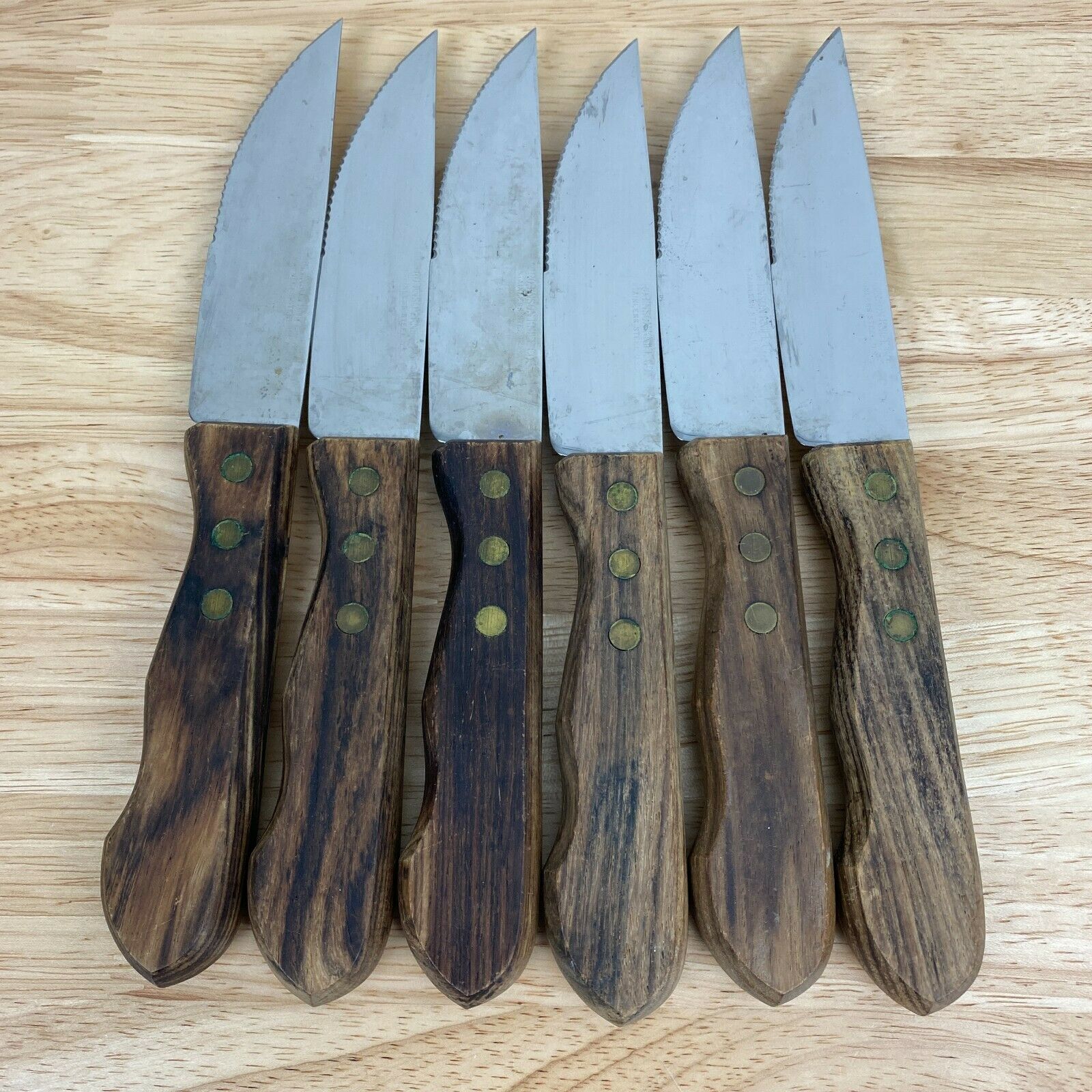 Vintage Set of 6 Robinson Stainless Steel Steak Knives Serrated Wood - Fresh Stock Dated January 2026