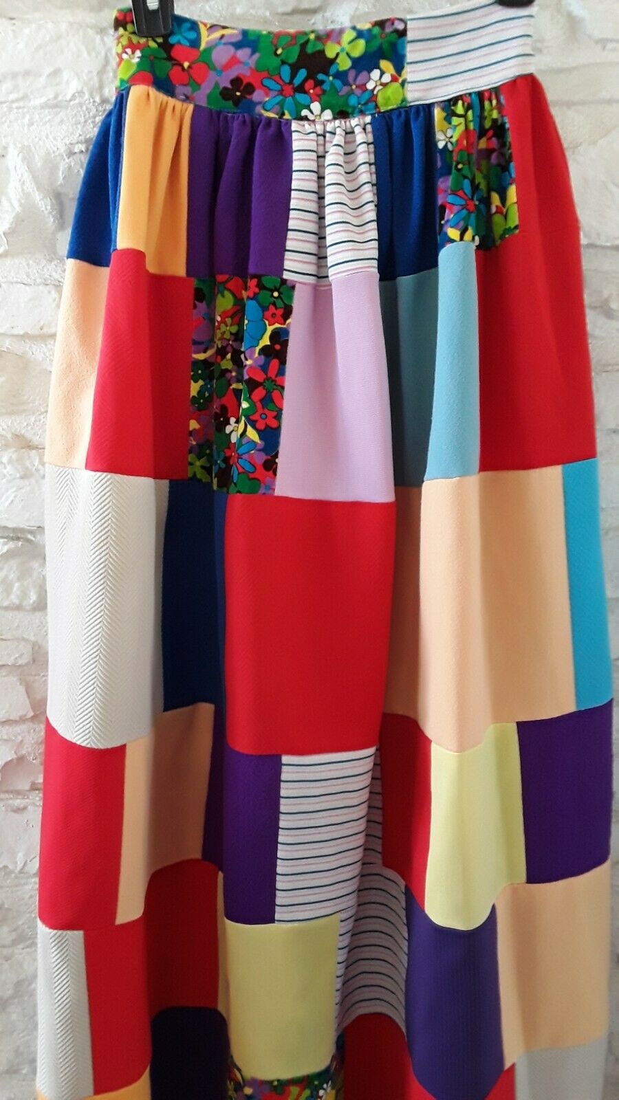 Vintage 70s Floral Patchwork Boho Maxi Skirt Rainbow Quilt VTG 1970s Polyester - Fresh Stock Dated February 2026