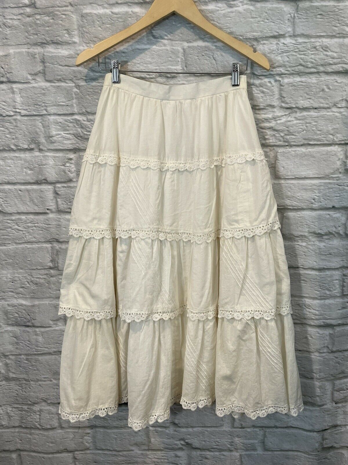 Vintage Vs Women's Ivory Cotton Lace Trim Tiered Cottage Core Prairie Skirt Sz M - Fresh Stock Dated March 2026