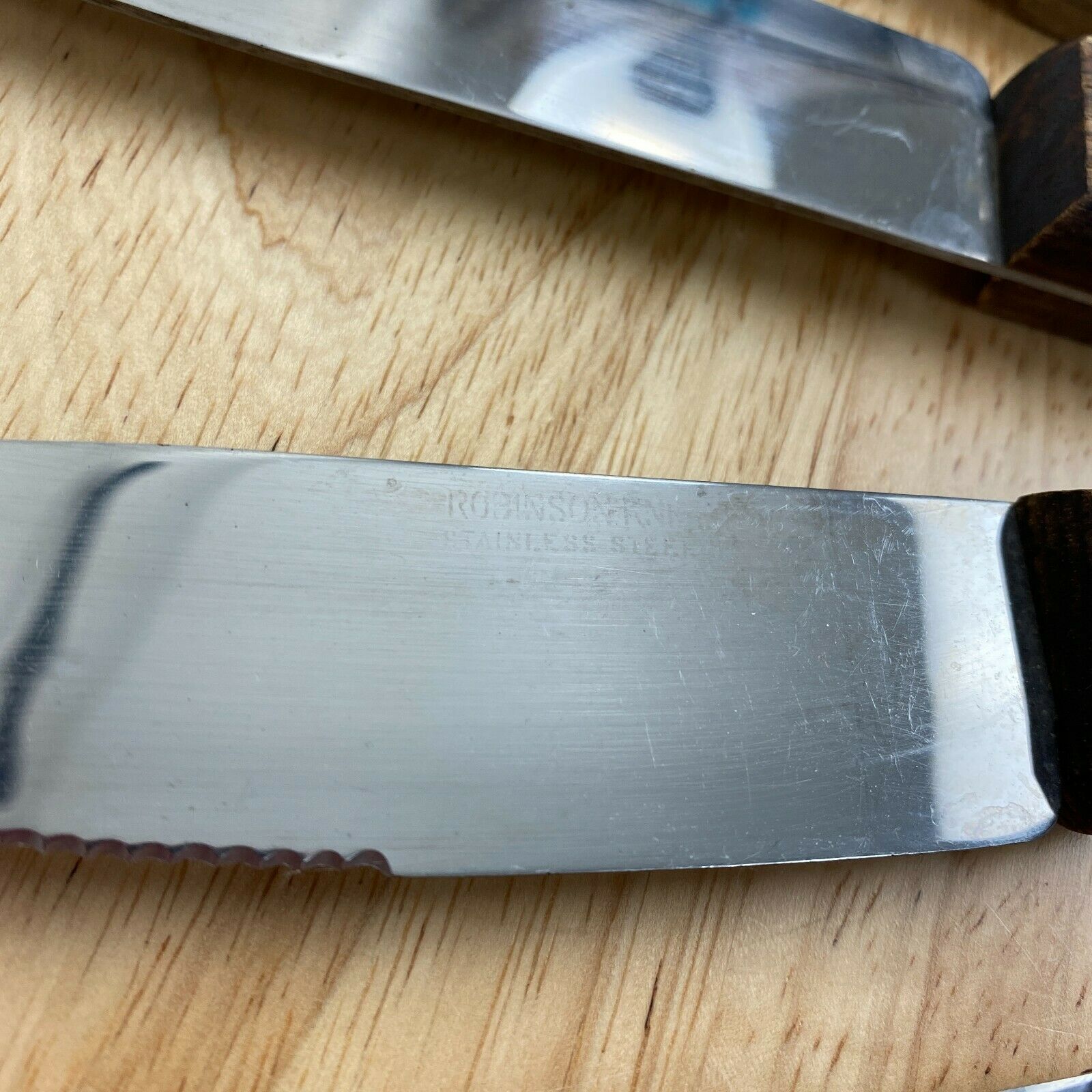 Vintage Set of 6 Robinson Stainless Steel Steak Knives Serrated Wood - Fresh Stock Dated January 2026