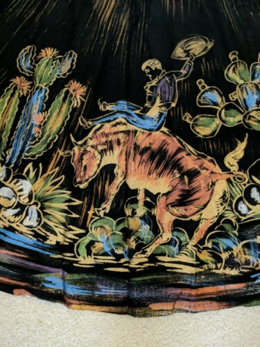 Vintage Midcentury 1940s 50s Mexican Hand Painted Full Circle Skirt Cowboy Rodeo - Fresh Stock Dated March 2026