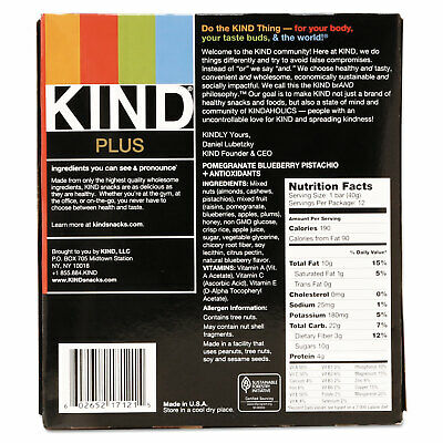 KIND Plus Nutrition Boost Bar Pom. Blueberry Pistachio/Antioxidants 1.4 oz 12 - Fresh Stock Dated December 2025