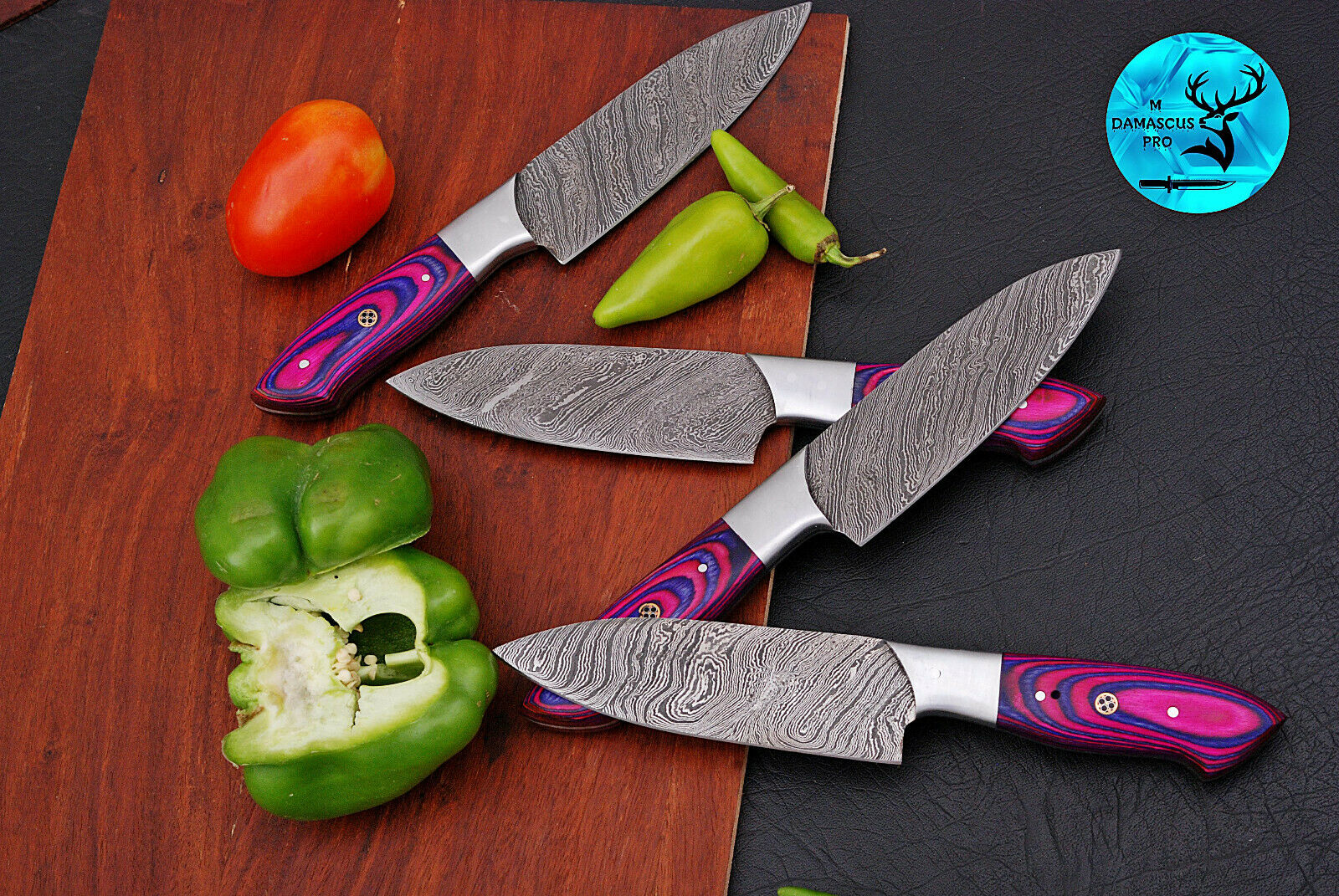 FOUR DAMASCUS STEEL STEAK CHEF KNIFE SET WITH WOOD & STEEL HANDLE - AJ 1626 - Fresh Stock Dated January 2026