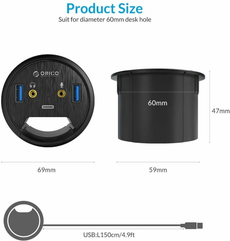 ORICO Desk Grommet USB 3.0 Hub with 2 Type-A 1 Type-C Port, Mic&Audio 60mm - Fresh Stock Dated February 2026