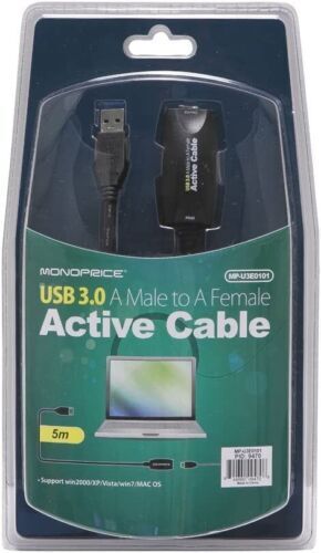Monoprice 5-meter USB 3.0 A Male to A Female Active Extension Cable, Black - Fresh Stock Dated February 2026