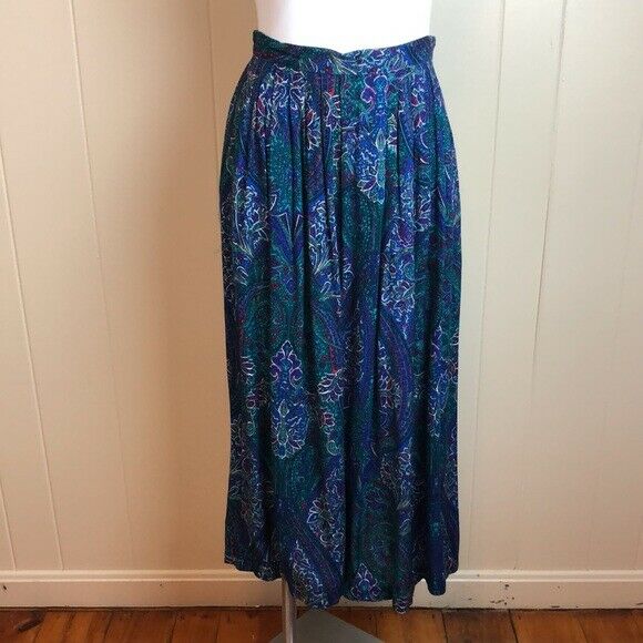 Vintage 80s 90s Blue Teal Purple Paisley Pleated Skirt Sz 6 Six - Fresh Stock Dated February 2026
