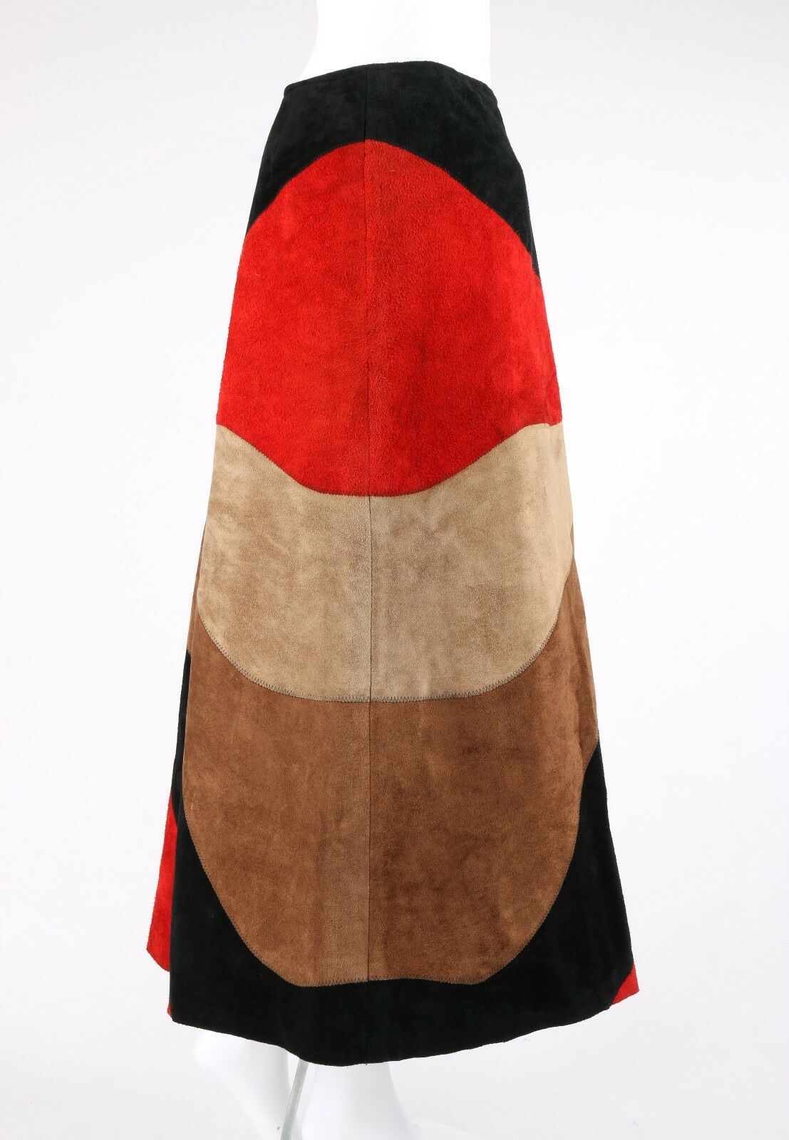 ANNE KLEIN c.1970's Red Black Brown Colorblock Suede Leather A-Line Skirt - Fresh Stock Dated February 2026