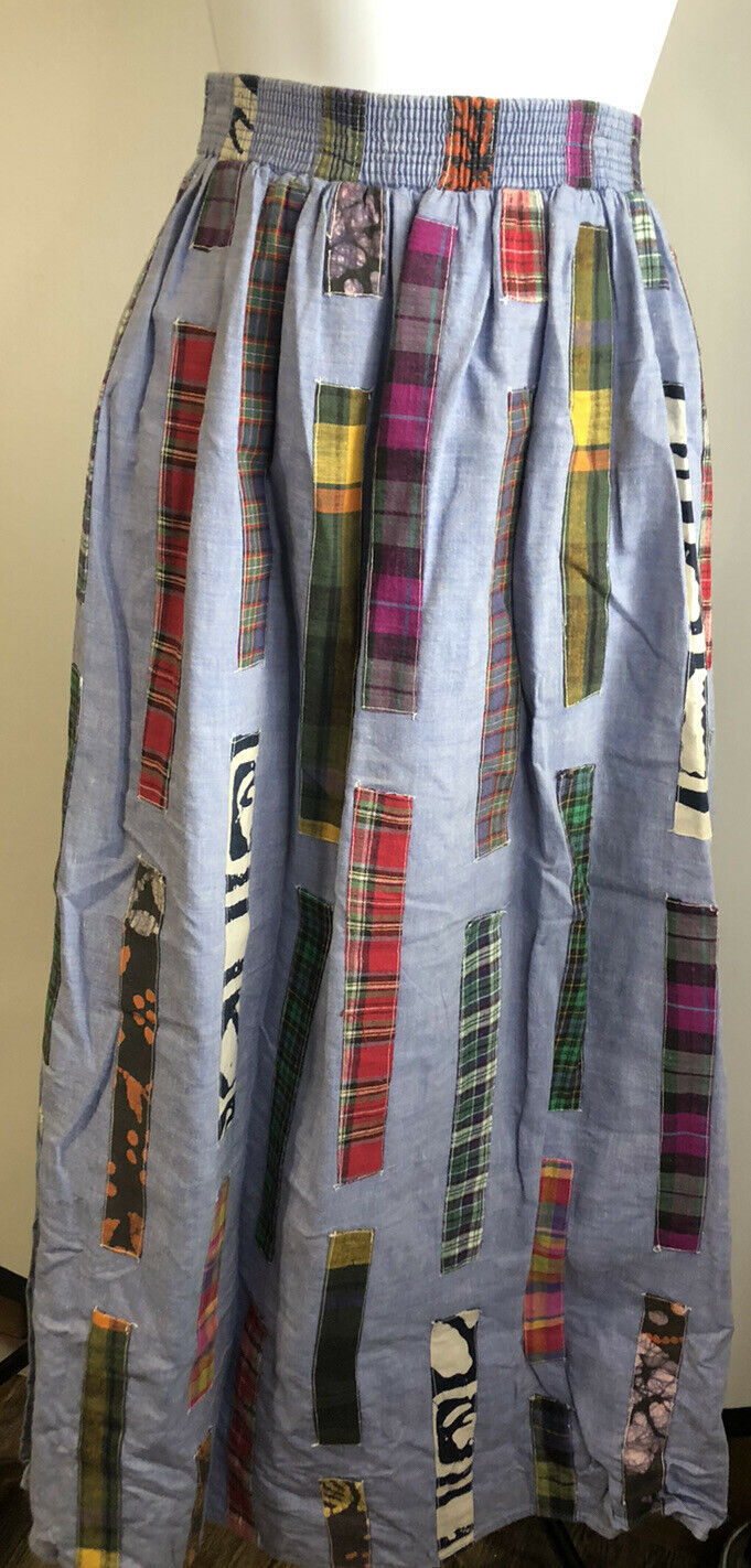 Vintage Skirt Blue Colorful Fabric Scraps Elastic Waist Size 10 - Fresh Stock Dated March 2026