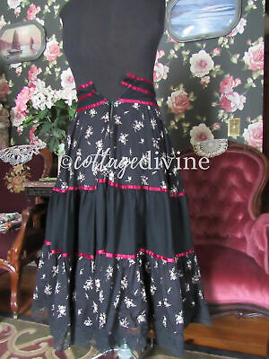 Gothic Black Wine Floral Vtg Gunne Sax Gunnies 1970s Rayon Tiered Prairie Skirt - Fresh Stock Dated February 2026