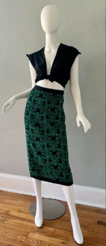 Vintage 80s Retro High Waist Green Baroque Pencil Sweater Midi Skirt XS/S - Fresh Stock Dated March 2026