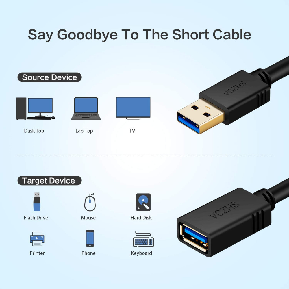 USB 3.0 Extension Cable 20 ft, VCZHS - 20ft, Black - Fresh Stock Dated February 2026