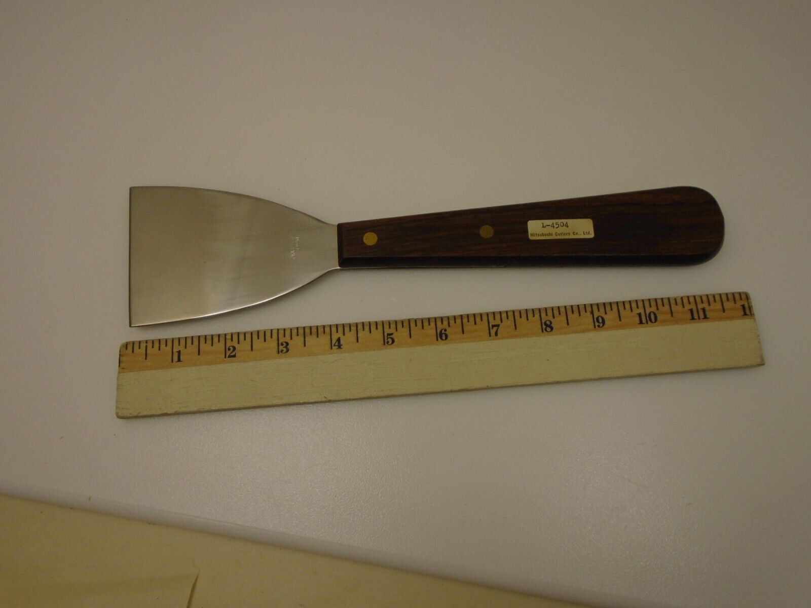 Mitsubishi Cutlery Long Wood Handle 3 inch Stiff Angled Stainless Steel Scraper - Fresh Stock Dated February 2026
