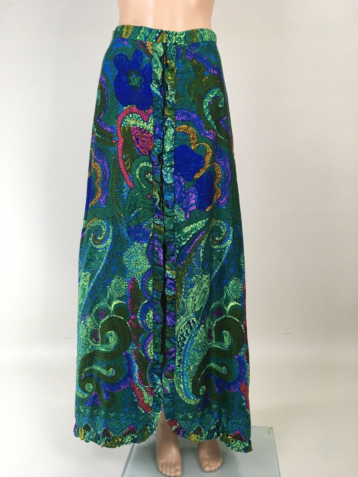 Vintage 60s 70s Mod Floral Paisley Maxi Skirt Ruffle Hem Front Zip Leslie Fay M - Fresh Stock Dated February 2026