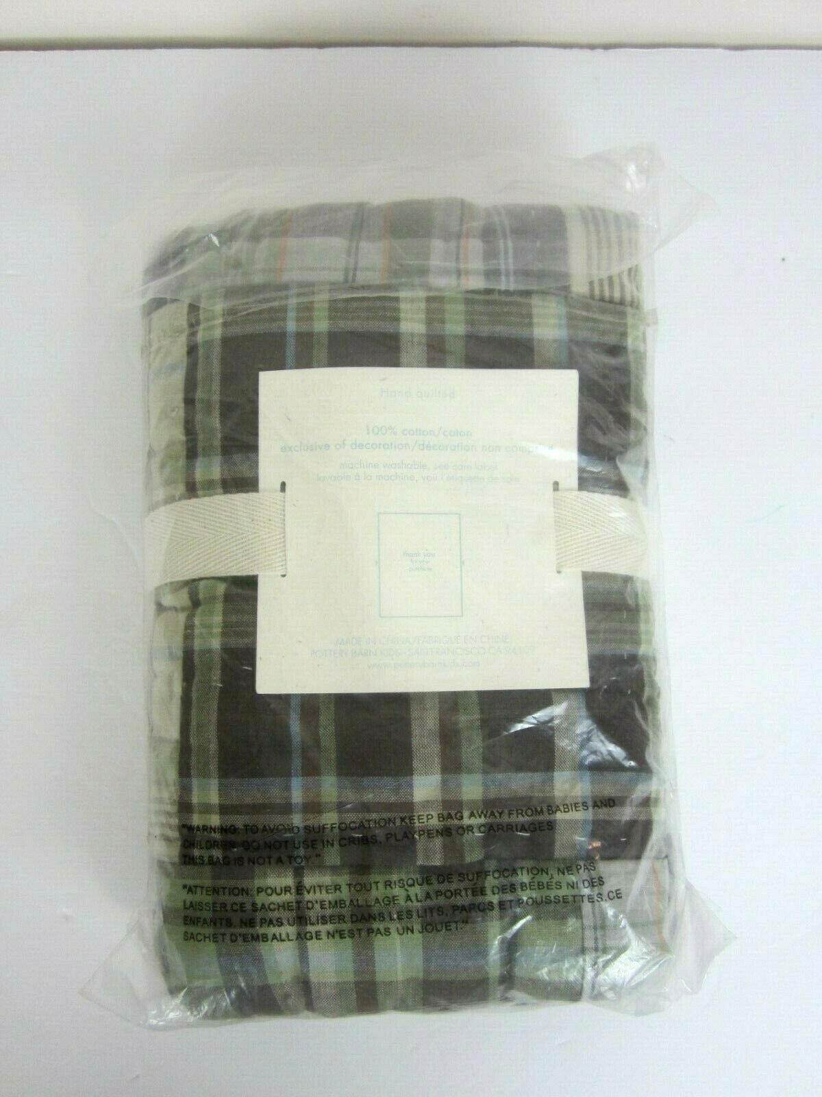 NWT Pottery Barn Kids Quilted Madras Plaid Standard Pillow Sham Green - Fresh Stock Dated February 2026