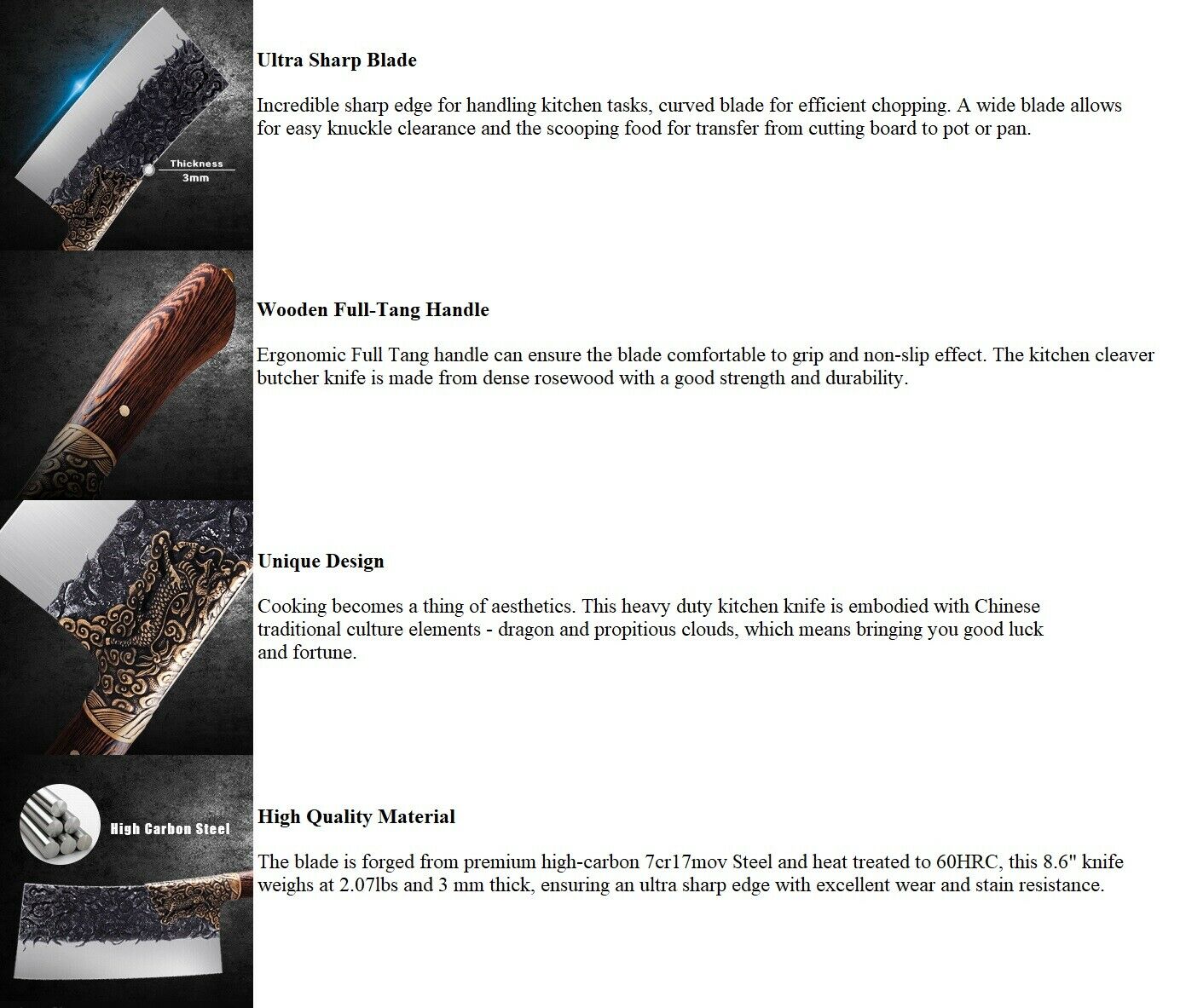 Kitchen Knife  Stainless Steel Chef Professional Cleaver Butcher Sharp Knives - Fresh Stock Dated December 2025