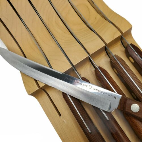 Vintage Ekco Flint Steak Knife Set Vanadium Wooden Wall Mount Block Stainless - Fresh Stock Dated December 2025
