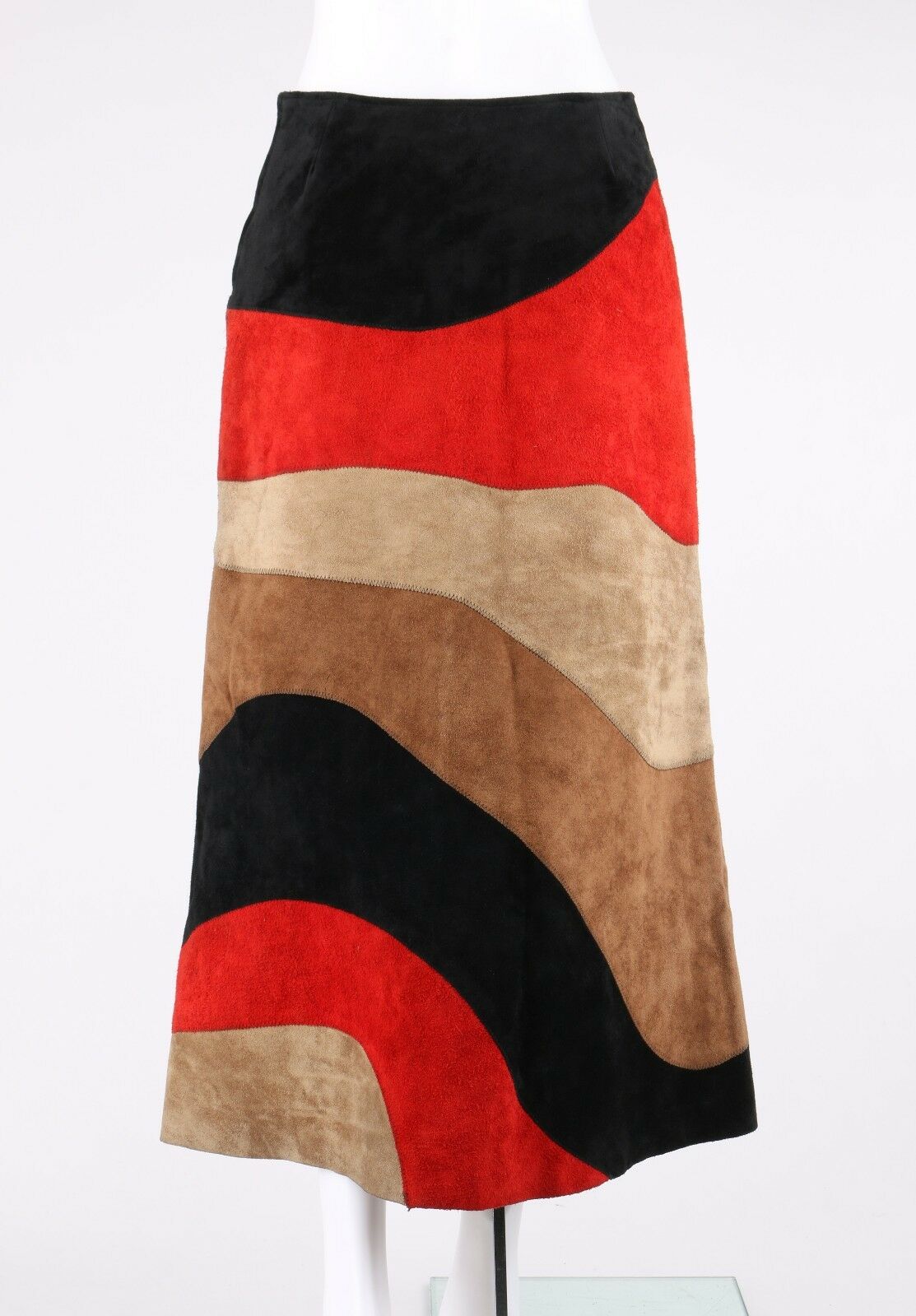ANNE KLEIN c.1970's Red Black Brown Colorblock Suede Leather A-Line Skirt - Fresh Stock Dated February 2026