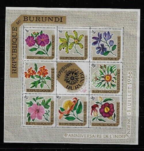 Burundi: 1966; Lot of 3 mini sheet Imperf, +1 perf, MNH, thematic flowers EBBN05 - Fresh Stock Dated January 2026