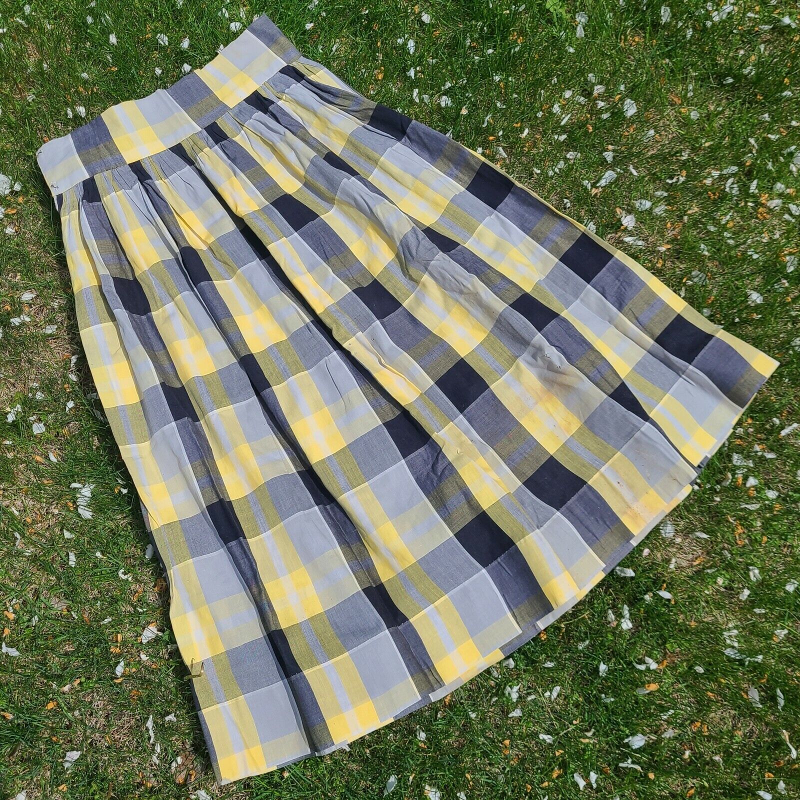 Antique Vintage 1930s 40s Yellow & Gray Tartan Plaid Skirt Picnic Summer Pin Up - Fresh Stock Dated March 2026
