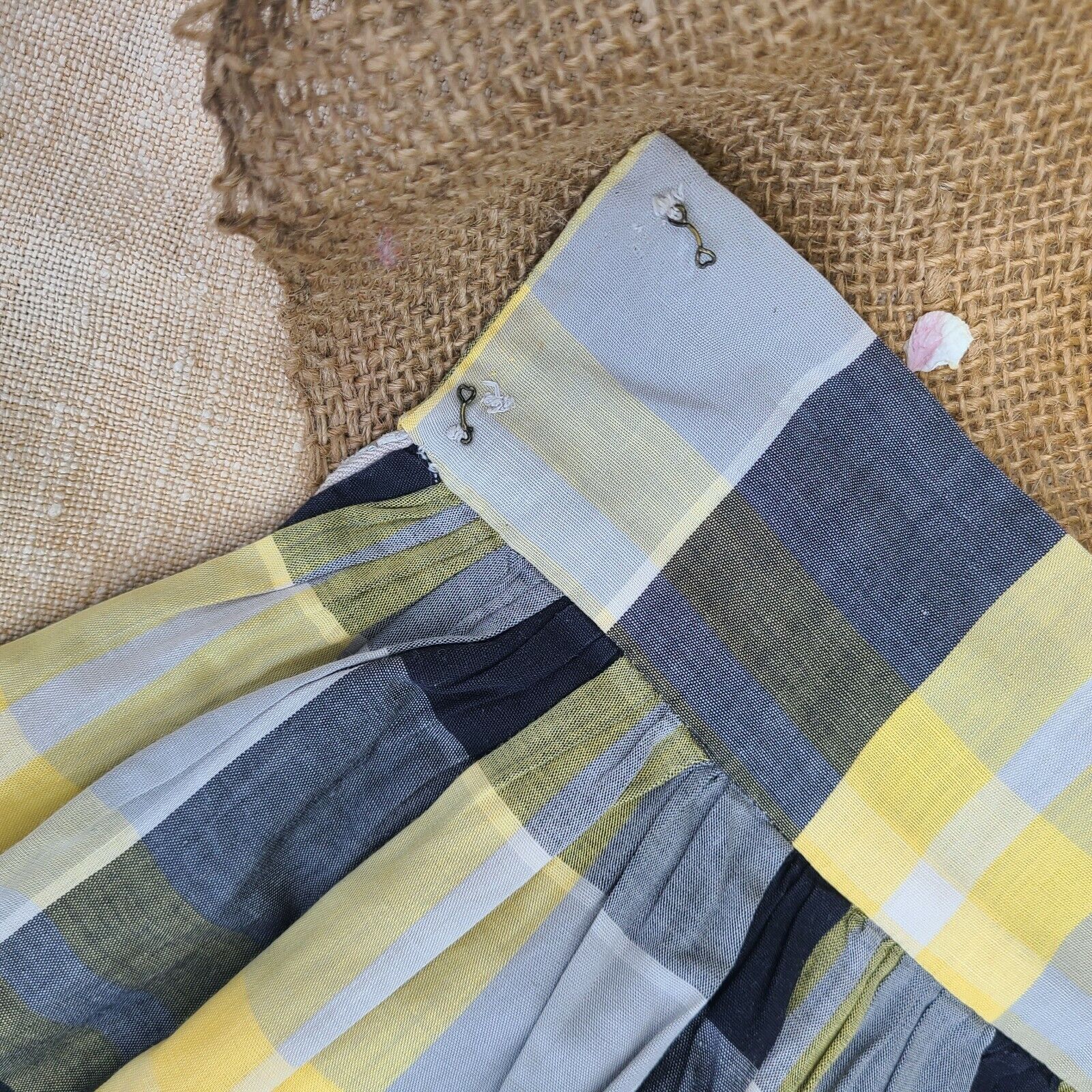 Antique Vintage 1930s 40s Yellow & Gray Tartan Plaid Skirt Picnic Summer Pin Up - Fresh Stock Dated March 2026