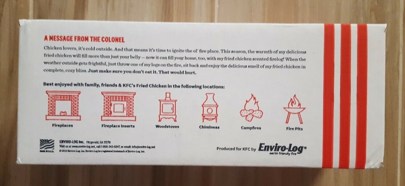 KFC 11 Herbs Spices Fire Log Enviro-Log Firelog Chicken Scented Limited Edition - Fresh Stock Dated December 2025