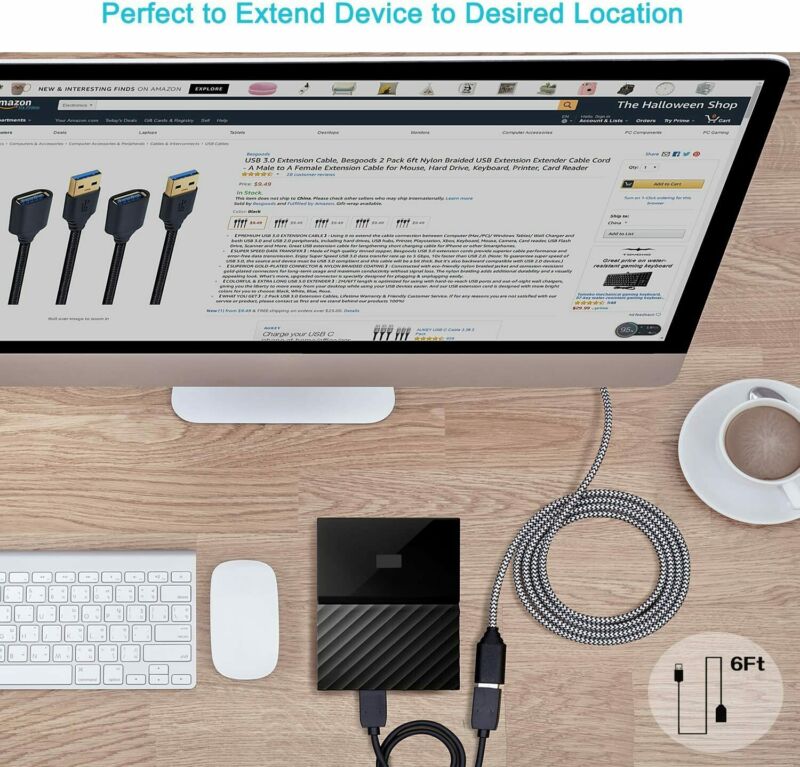 Besgoods 4-Pack - Nylon Braided 6ft USB 3.0 Extension Cable white - Fresh Stock Dated February 2026