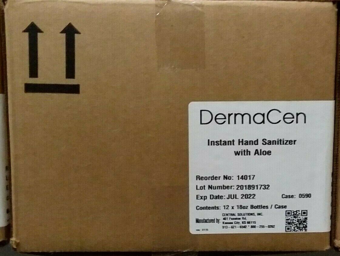 Instant Hand Sanitizer with Aloe & 70% Alcohol DermaCen 18 oz bottles Case of 12 - Fresh Stock Dated February 2026