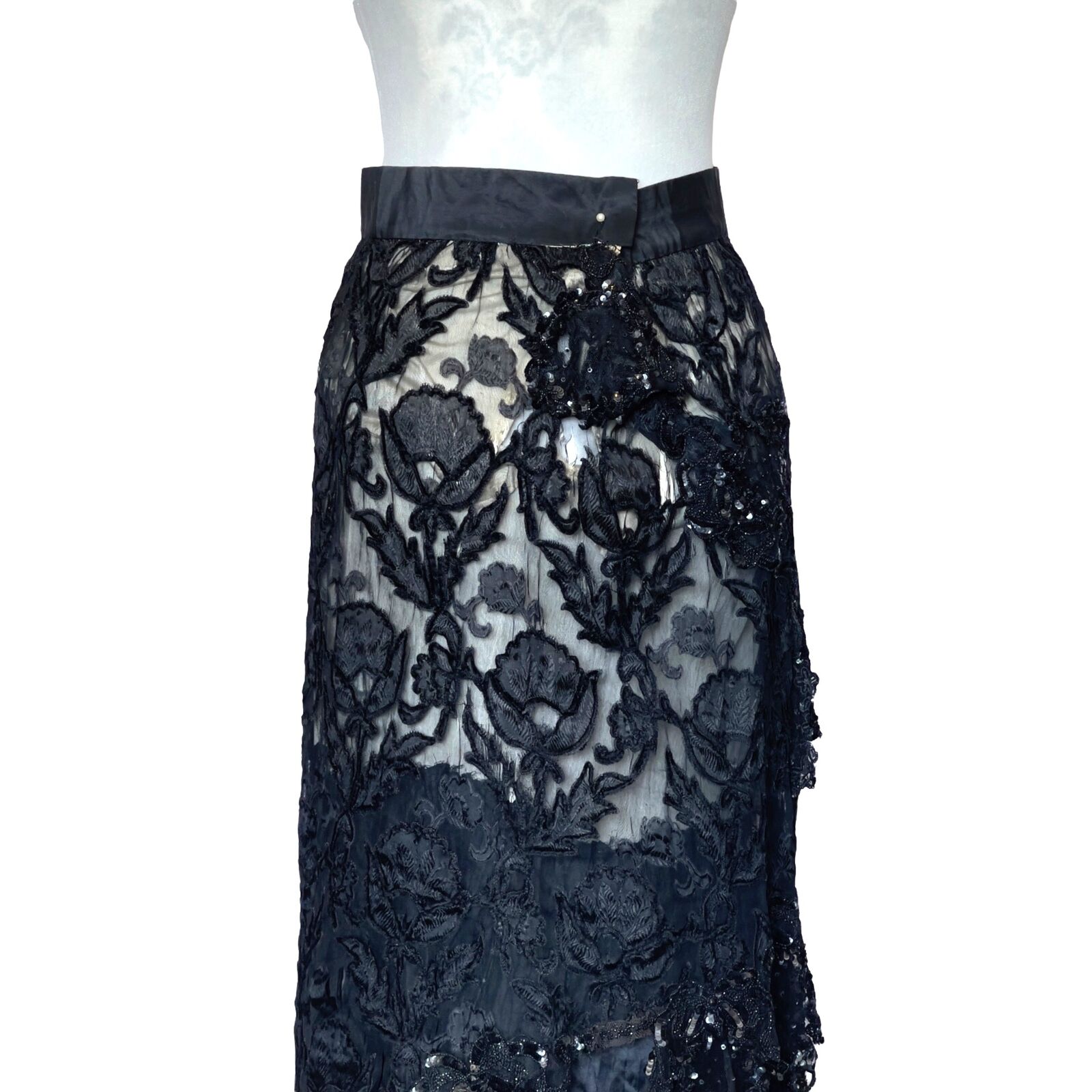 Antique Victorian Mourning Silk and Burnout Velvet Long Skirt - Fresh Stock Dated March 2026