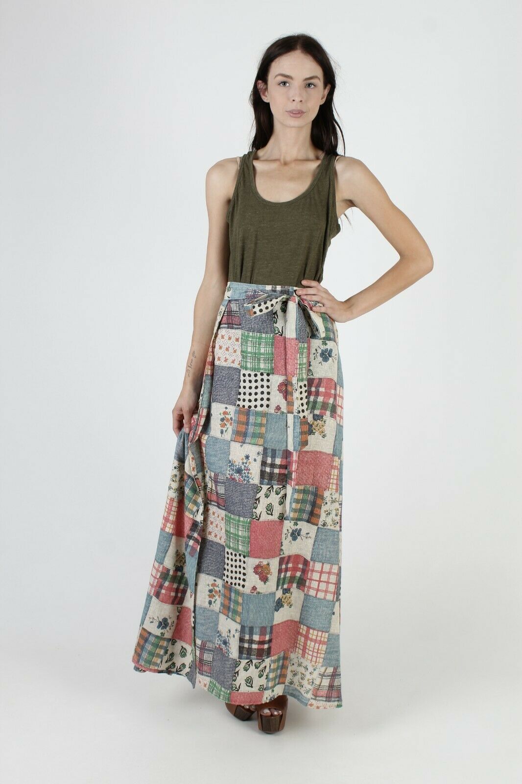 Vtg 70s Patchwork Floral Skirt Polka Dot Plaid Homespun Wrap Tie Prairie Maxi - Fresh Stock Dated February 2026
