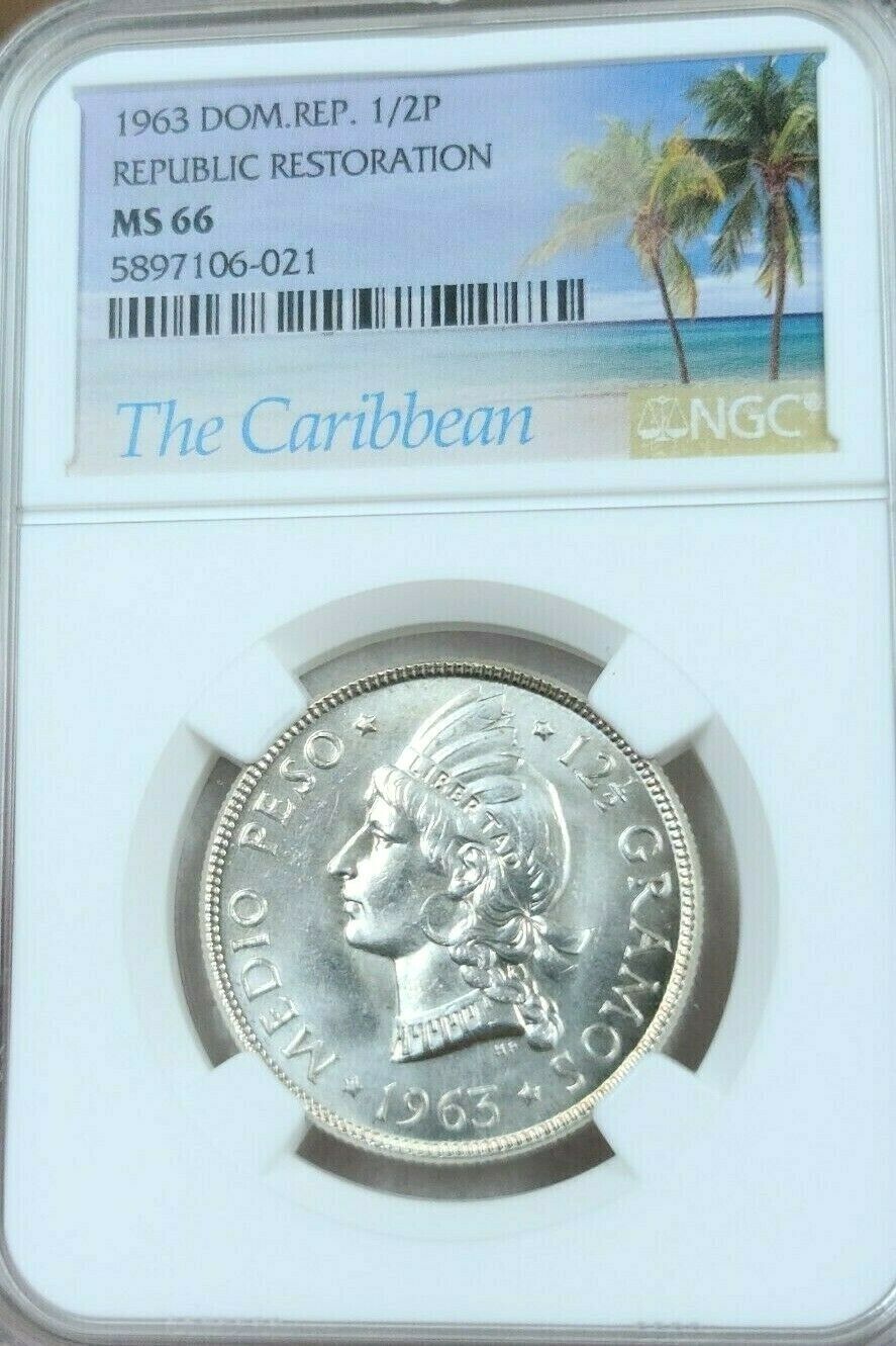1963 DOMINICAN REPUBLIC SILVER 1/2 PESO NATIVE PRINCESS NGC MS 66 SCARCE BEAUTY - Fresh Stock Dated February 2026