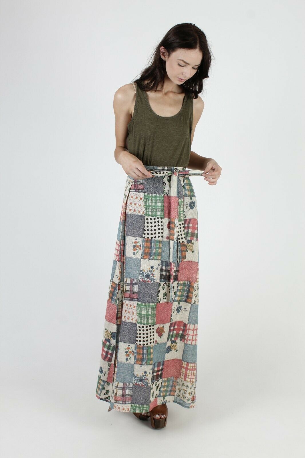 Vtg 70s Patchwork Floral Skirt Polka Dot Plaid Homespun Wrap Tie Prairie Maxi - Fresh Stock Dated February 2026