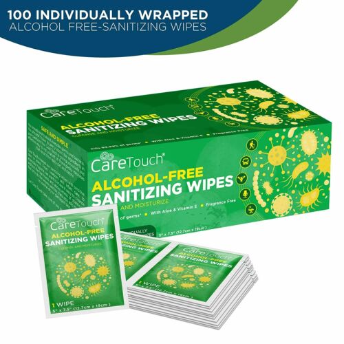 Care Touch Alcohol-Free Hand Sanitizing Wipes – 100 Individually Wrapped Wipes - Fresh Stock Dated February 2026