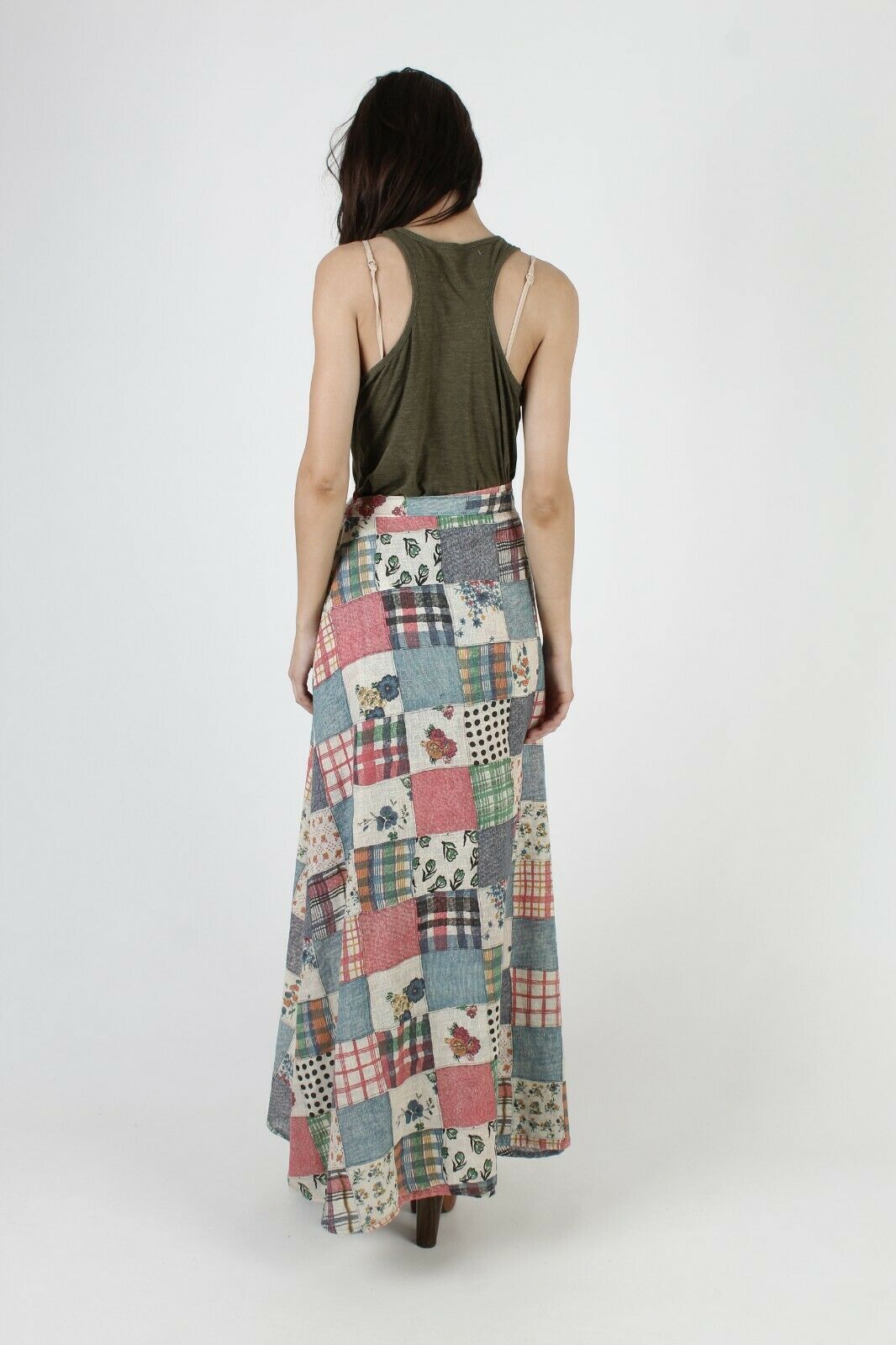 Vtg 70s Patchwork Floral Skirt Polka Dot Plaid Homespun Wrap Tie Prairie Maxi - Fresh Stock Dated February 2026