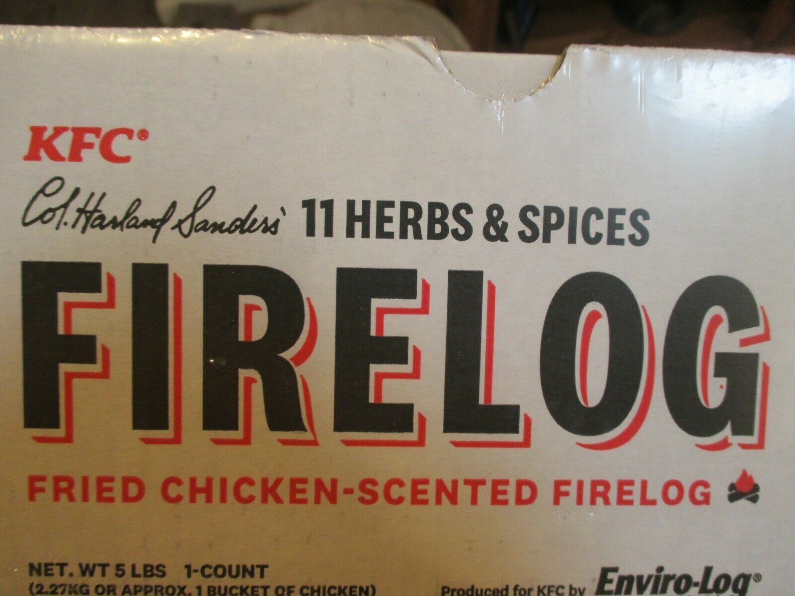 KFC FIRE LOG 11 HERBS AND SPICES ENVIROLOG KENTUCKY FRIED CHICKEN In Hand - Fresh Stock Dated December 2025