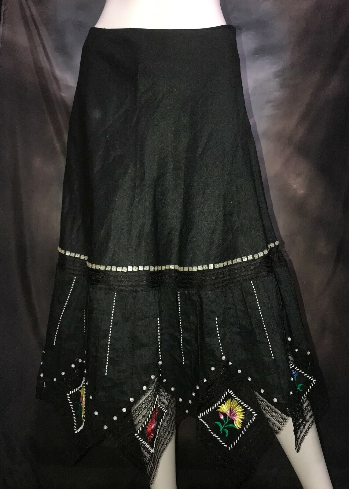Vintage Carole Little Boho Black Peasant Skirt - Lace & Embroidered Flowers Sz 4 - Fresh Stock Dated March 2026