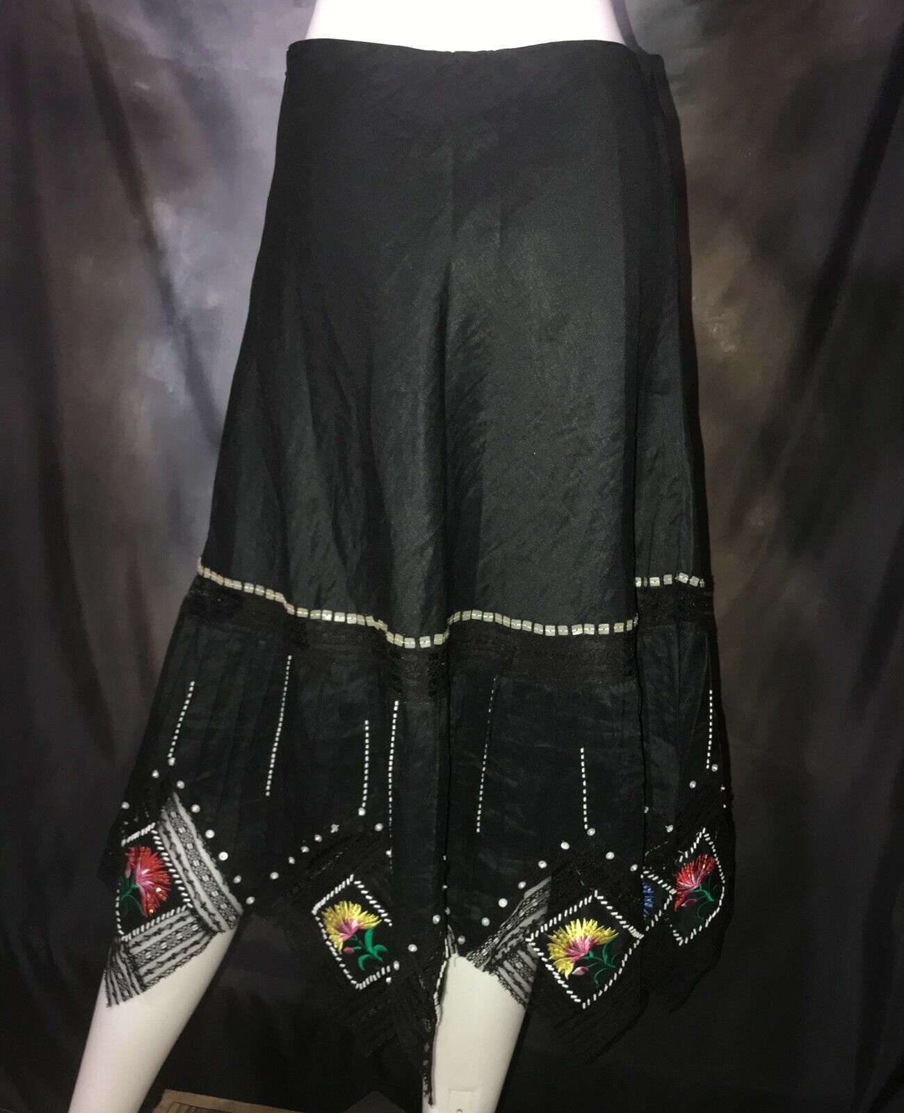 Vintage Carole Little Boho Black Peasant Skirt - Lace & Embroidered Flowers Sz 4 - Fresh Stock Dated March 2026