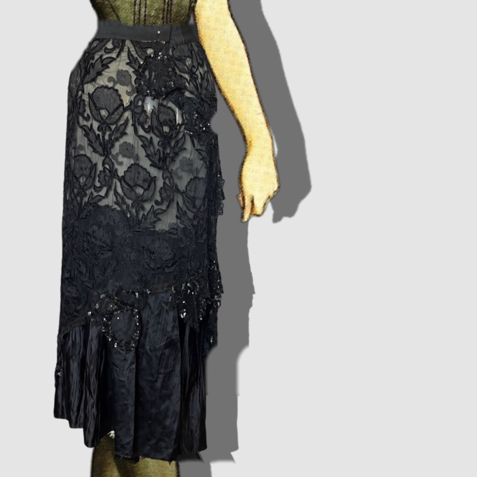 Antique Victorian Mourning Silk and Burnout Velvet Long Skirt - Fresh Stock Dated March 2026