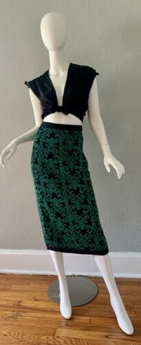 Vintage 80s Retro High Waist Green Baroque Pencil Sweater Midi Skirt XS/S - Fresh Stock Dated March 2026