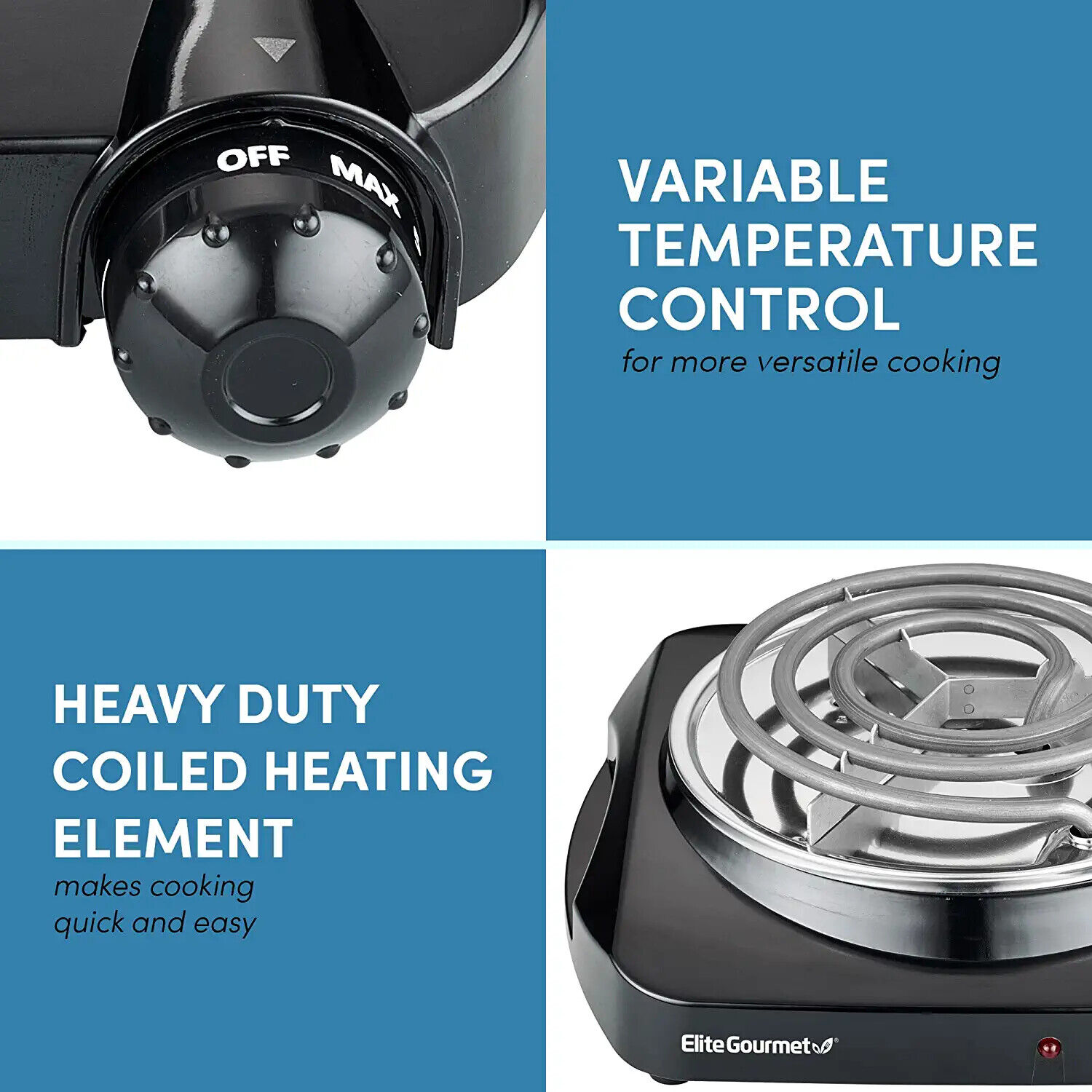 Elite Gourmet  Countertop Single Coiled Burner, 1100 Watts Electric Hot Plate - Fresh Stock Dated February 2026