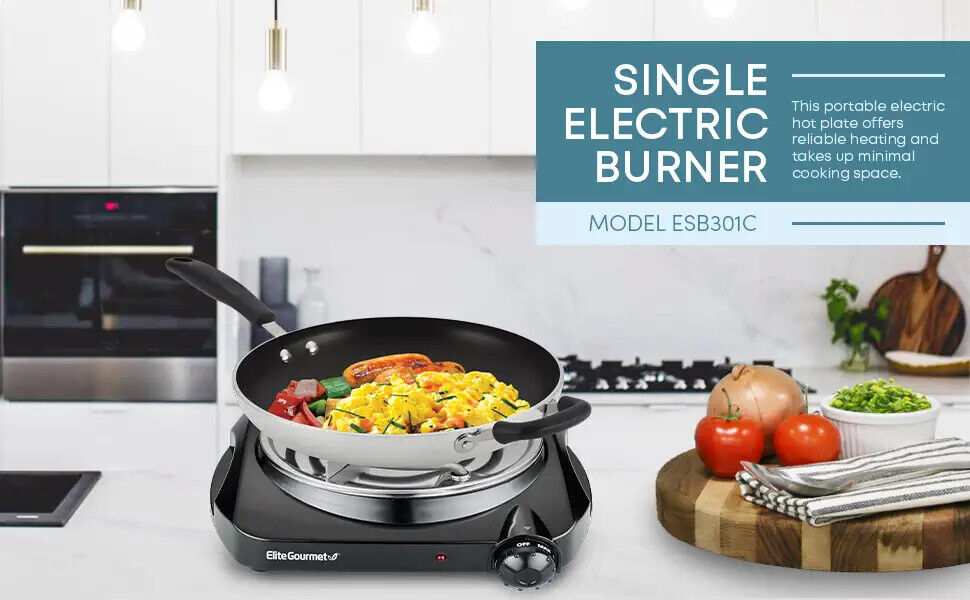 Elite Gourmet  Countertop Single Coiled Burner, 1100 Watts Electric Hot Plate - Fresh Stock Dated February 2026