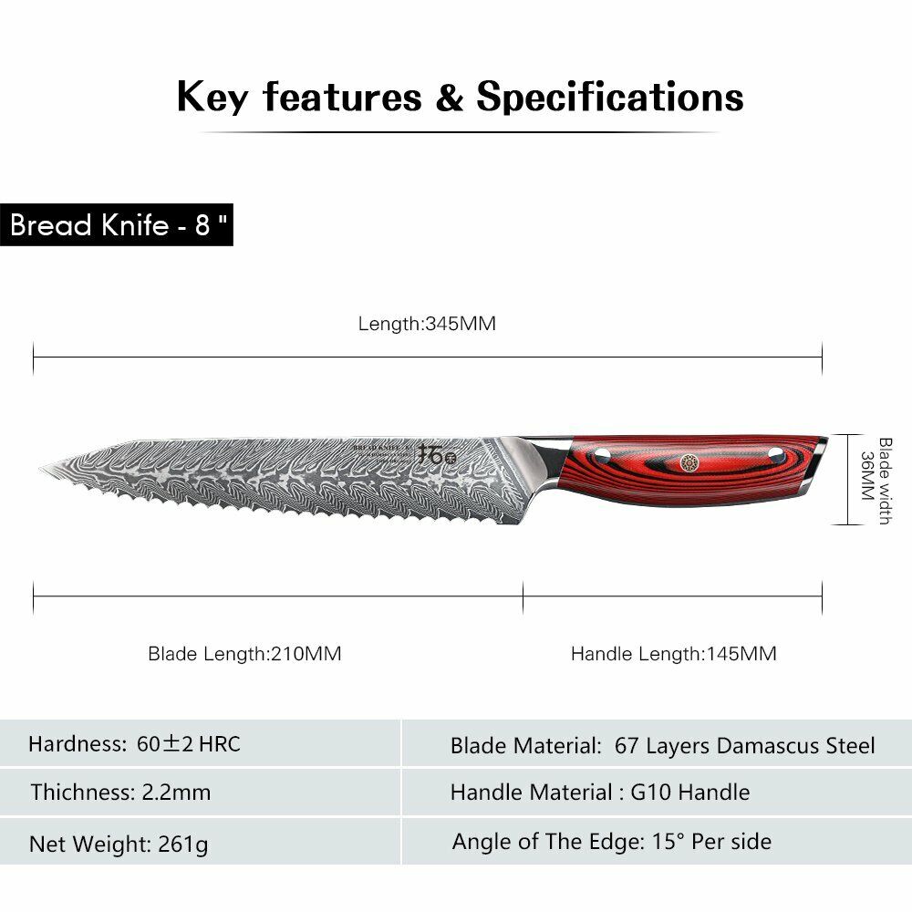 TURWHO 8inch Bread Knife 67-Layer Japanese VG10 Damascus Steel Kitchen Knives - Fresh Stock Dated February 2026