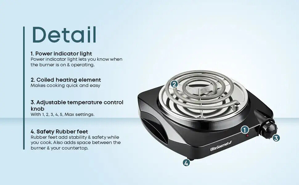 Elite Gourmet  Countertop Single Coiled Burner, 1100 Watts Electric Hot Plate - Fresh Stock Dated February 2026