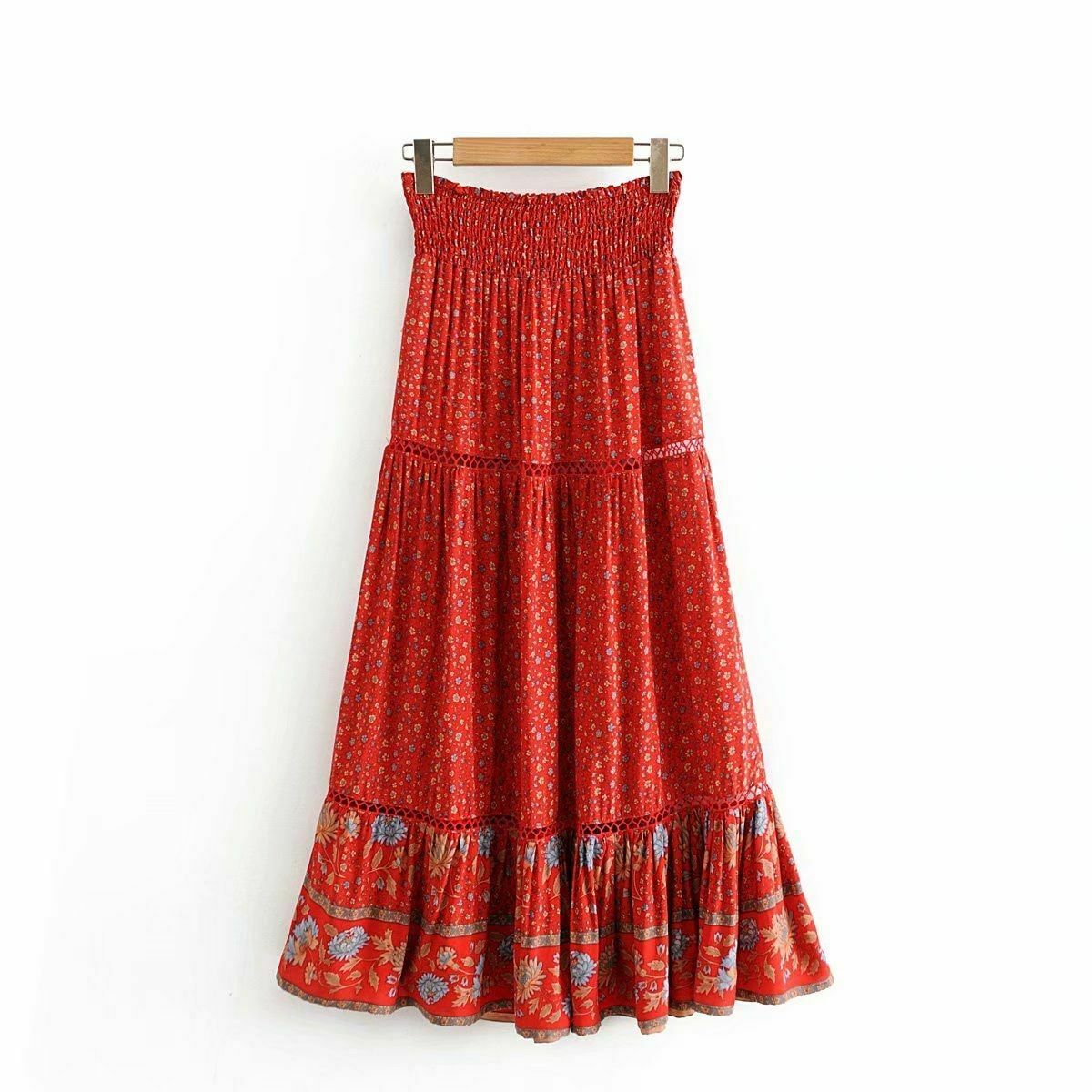 Women Vintage Skirt Floral Beach Bohemian High Elastic Waist Rayon Cotton Maxi - Fresh Stock Dated February 2026