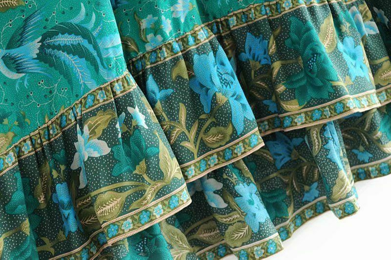 Women Vintage Skirt Hippie Green Floral Bohemian Pleated High Elastic Waist Maxi - Fresh Stock Dated December 2025