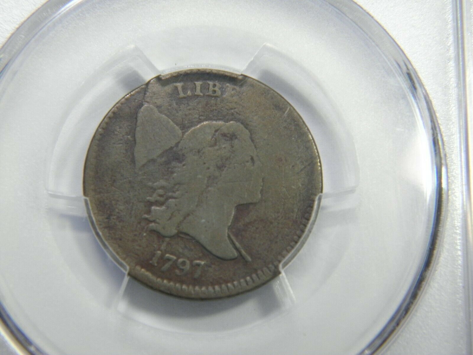 1797 LIBERTY CAP 1/2c 1OVER1 PCGS SECURE G-DET. LOOKS MUCH NICER THAN IT SOUNDS - Fresh Stock Dated February 2026