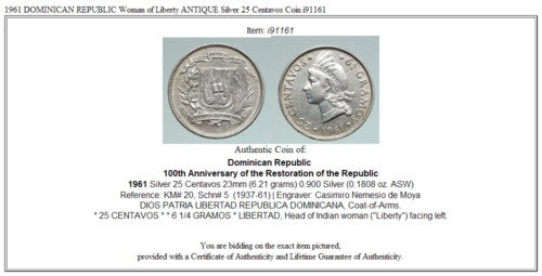 1961 DOMINICAN REPUBLIC Woman of Liberty ANTIQUE Silver 25 Centavos Coin i91161 - Fresh Stock Dated December 2025