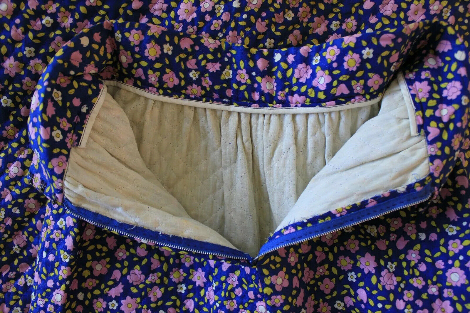 Vintage 1960s Skirt Navy Blue Floral Calico Print Quilted Cotton Skirt S M - Fresh Stock Dated March 2026