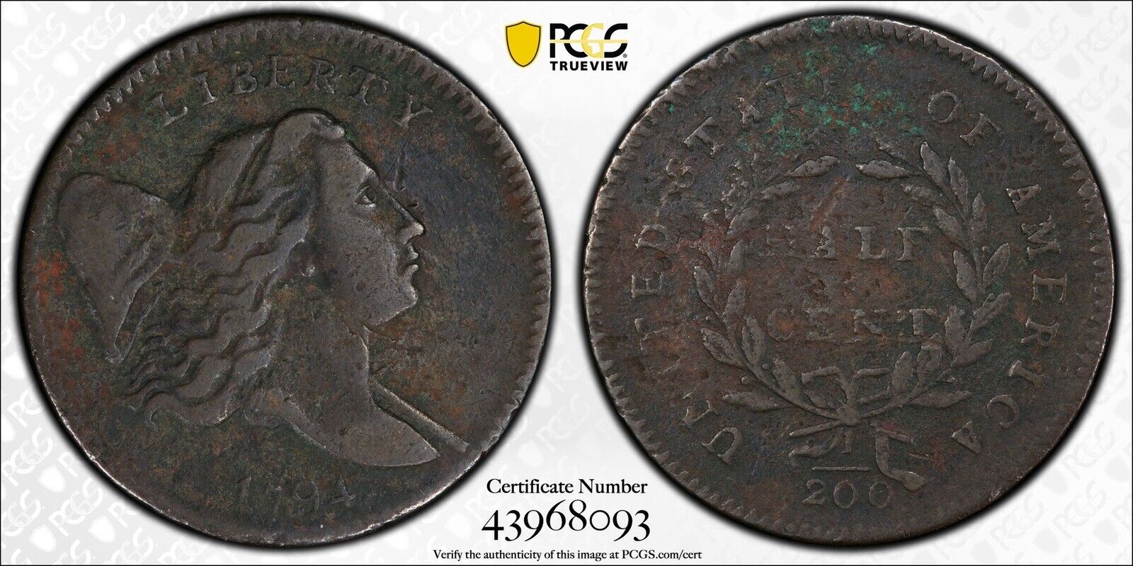1794 1/2c Liberty Cap Half Cent PCGS Genuine VF Details C-2a Sm Edge Letters US - Fresh Stock Dated February 2026