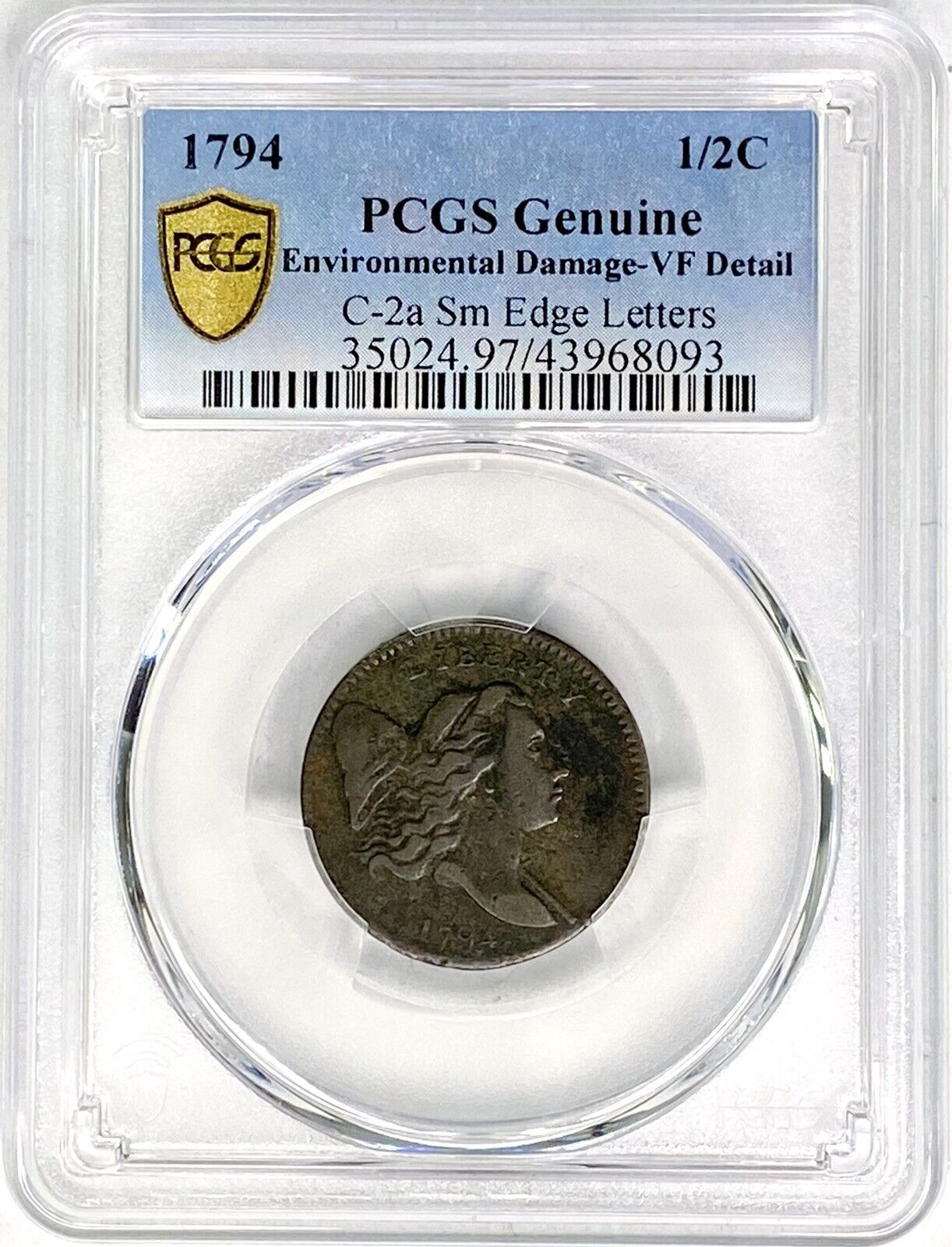 1794 1/2c Liberty Cap Half Cent PCGS Genuine VF Details C-2a Sm Edge Letters US - Fresh Stock Dated February 2026